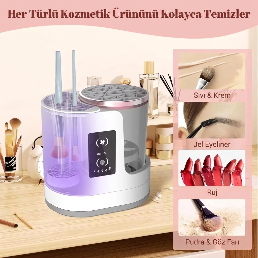 Parlakça her türlü kozmetik ürününü kolayca temizler: sıvı ve krem, jel eyeliner, ruj, pudra ve göz farı