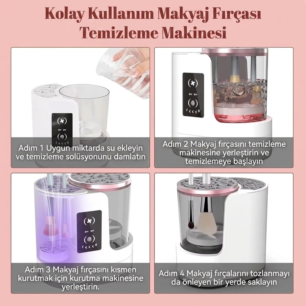 Kolay kullanım: makyaj fırçası temizleme makinesi 4 adım